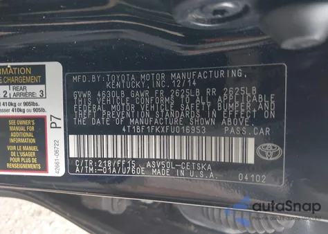 2015 Toyota Camry Se from USA, damaged, VIN 4T1BF1FKXFU016953